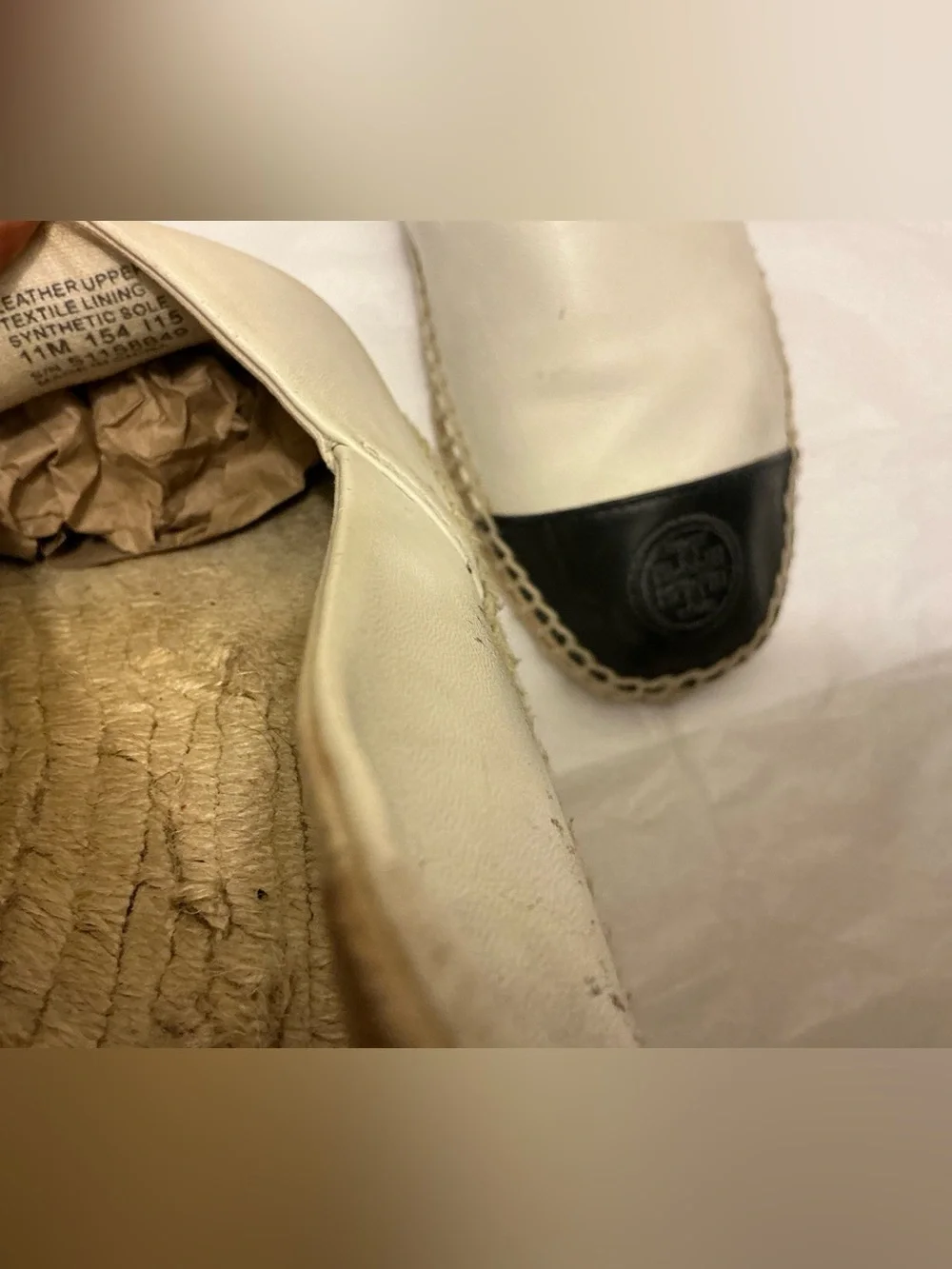 Tory Burch Ivory Leather Espadrilles with Black Toe Caps 11M